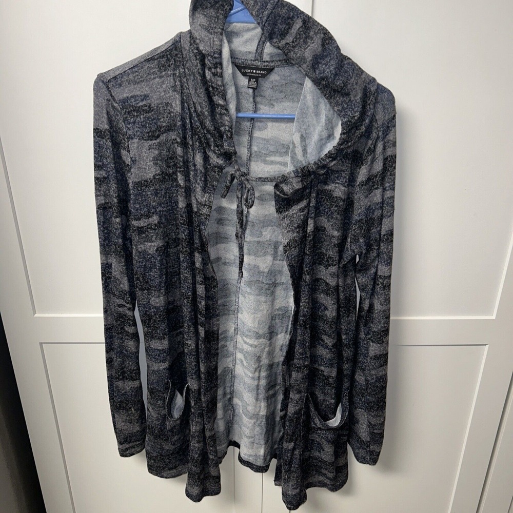 Lucky Brand Sweater Women S Gray Marled Hooded Open Cardigan Front Pockets Light